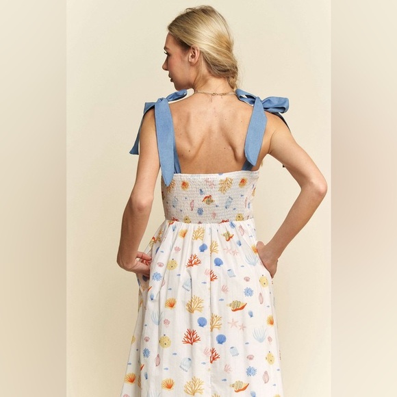 Floral White and Blue Maxi Denim Binding Detail Smocking Summer Maxi Dress - Picture 8 of 10